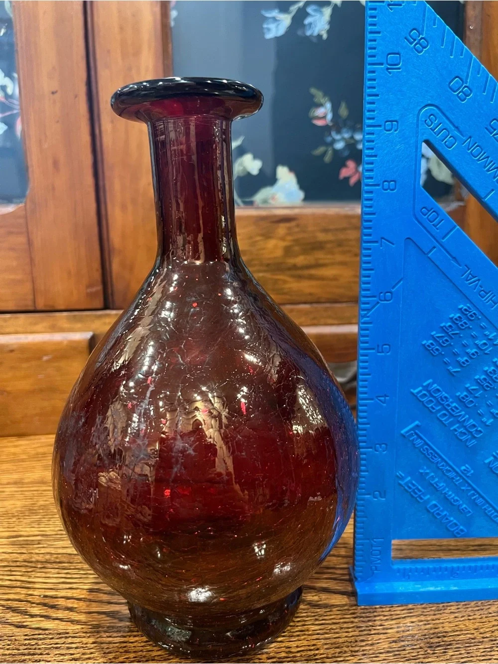 Vintage Burgundy Crackle Art Glass Vase Hand Blown Pontil 9.5” Artsy Collectable
